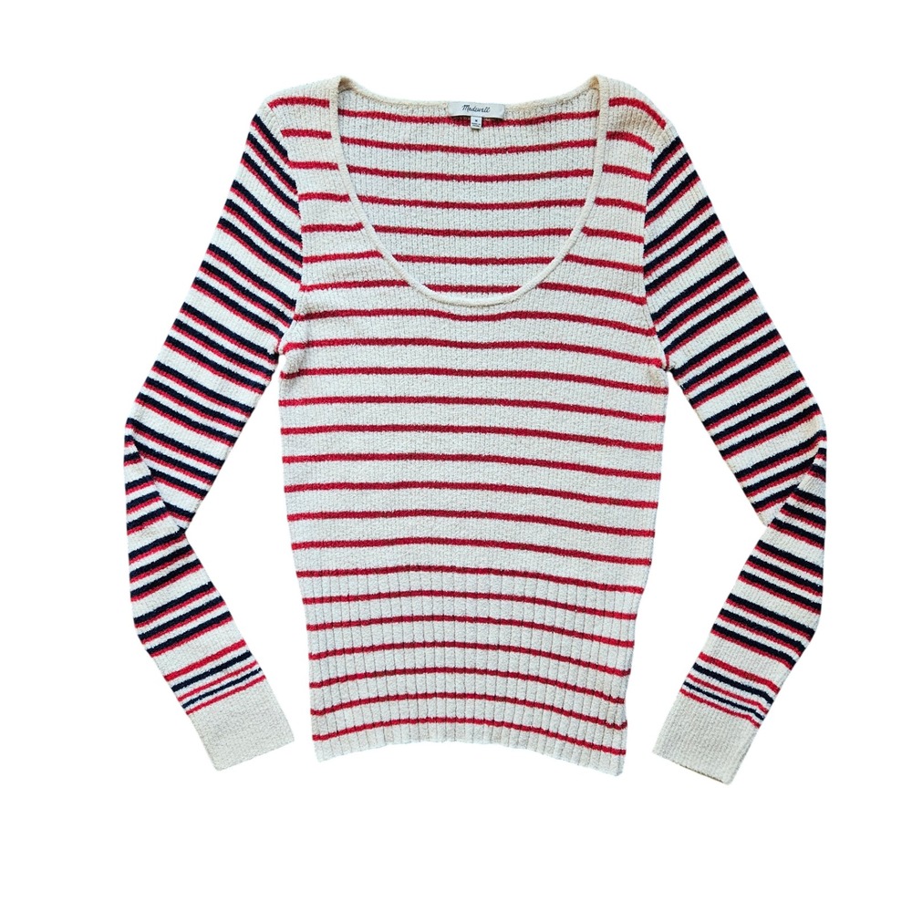 Madewell Womens Scoop Neck Ribbed Striped Sweater Cream Red Navy Blue Size M